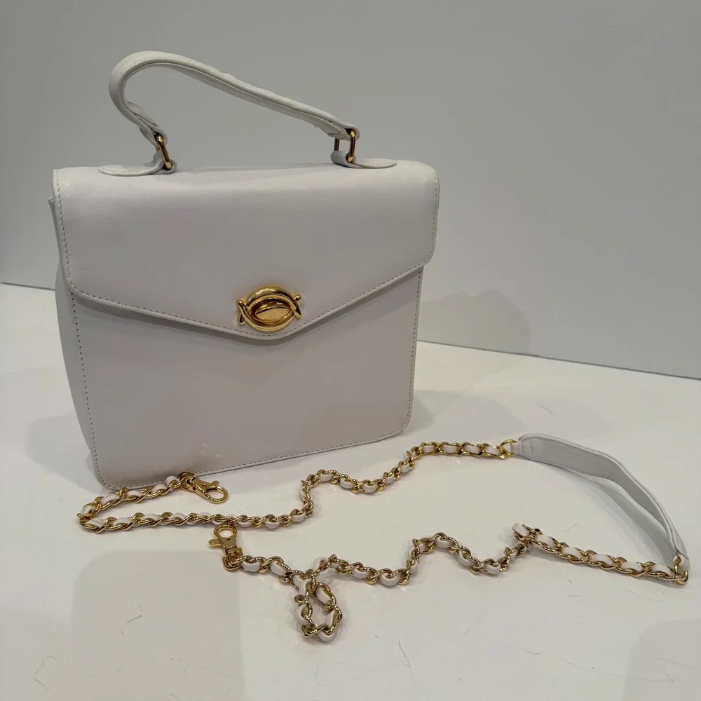 White Leather Top Handle Shoulder Bag Chain Strap Gold Hardware